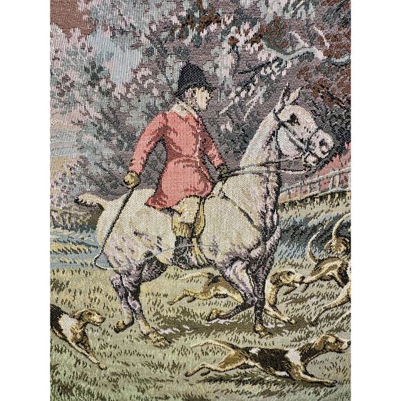 Vintage Fox Hunt Woven Tapestry Panel Horse Hounds Equestrian Scene 18x19 - Picture 1 of 8